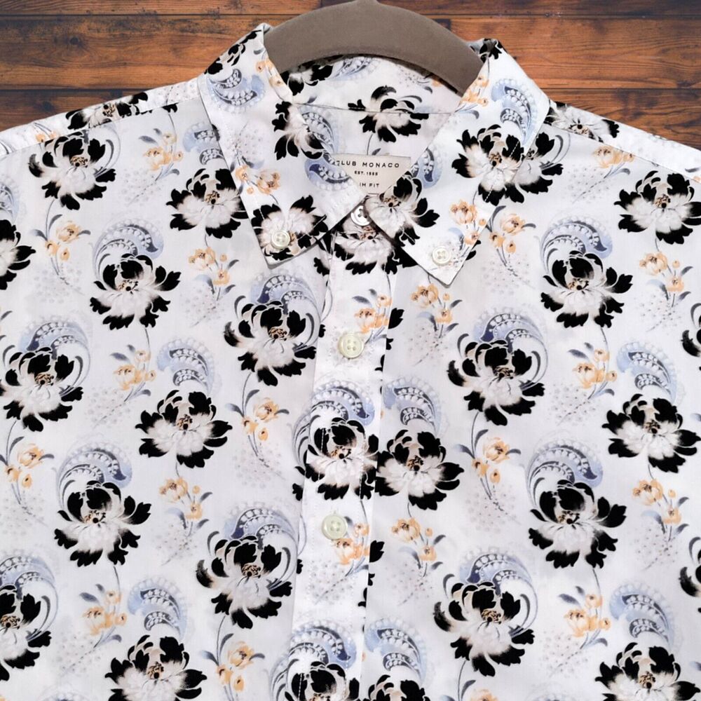 Club Monaco Mens Small Slim Fit 100% Cotton‎ Short Sleeve Button Down Floral